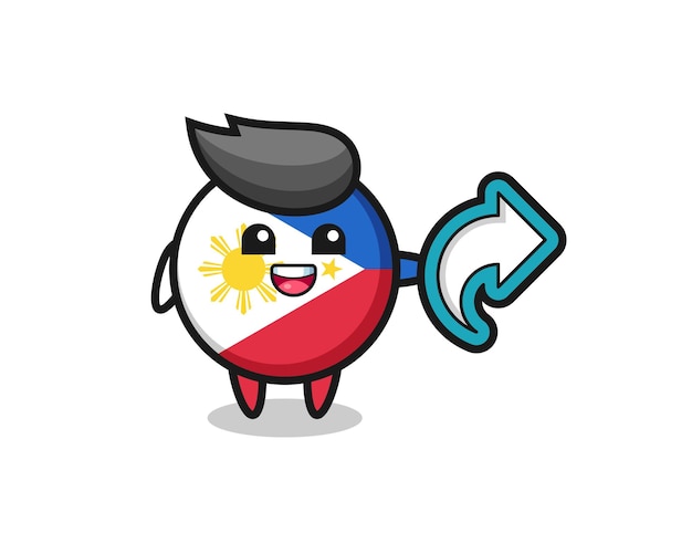 Il simpatico distintivo della bandiera delle filippine tiene il simbolo della condivisione dei social media Vettore Premium