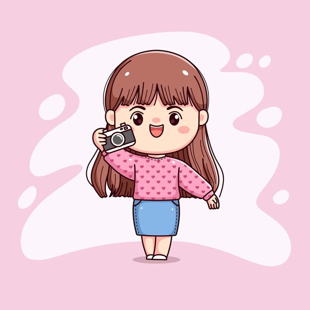 cute photographer girl long hair with pink sweater holding camera chibi kawaii