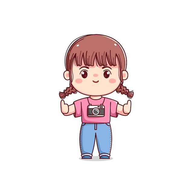 Cute photographer girl with thumbs up kawaii chibi character