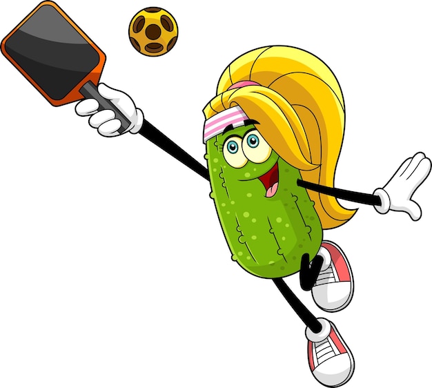 cute pickle girl cartoon character playing pickleball