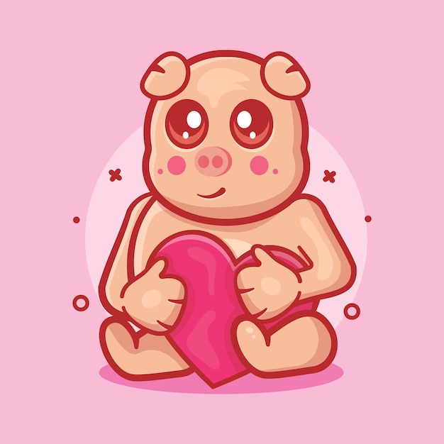 cute pig animal character mascot holding love heart sign isolated cartoon in flat style design