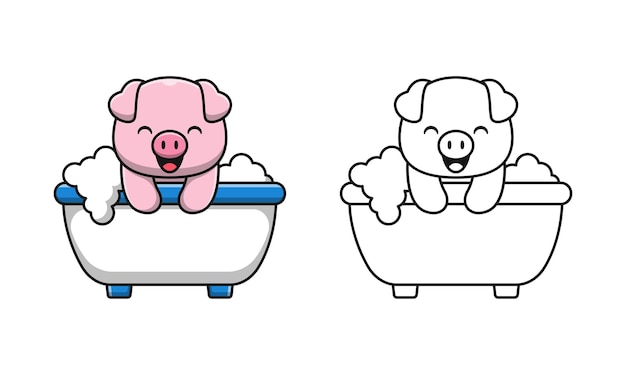 Cute pig in the bath cartoon coloring pages for kids