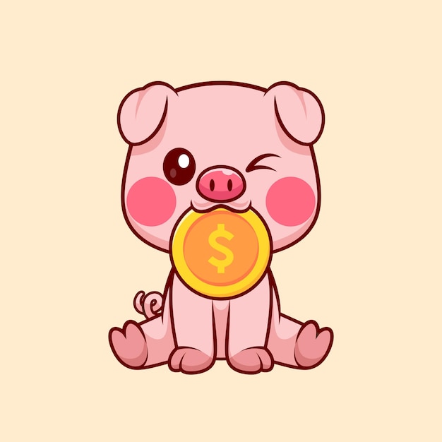 Vector cute pig bite gold coin cartoon vector icon illustration. animal business icon concept isolated flat