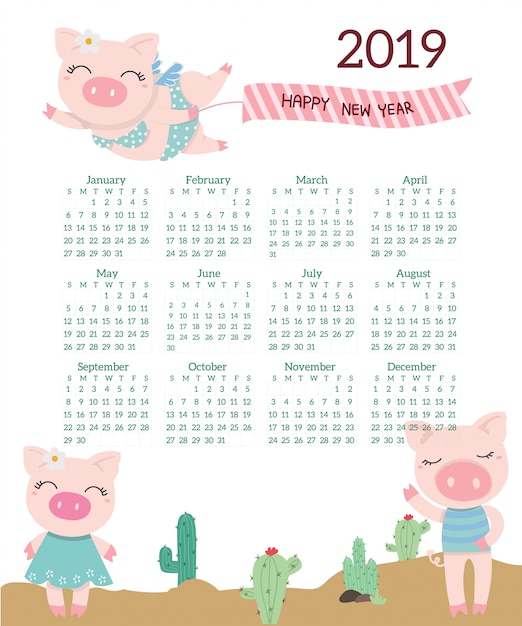 Cute pig calendar for 2019