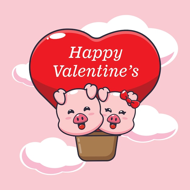 かわいい豚の漫画のキャラクターは、バレンタインデーに気球で飛ぶ