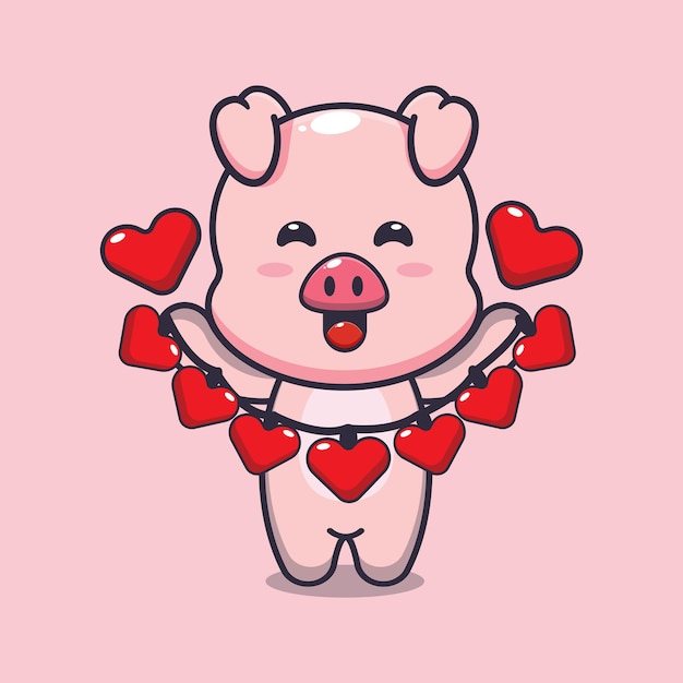 愛の装飾を保持しているかわいい豚の漫画のキャラクター