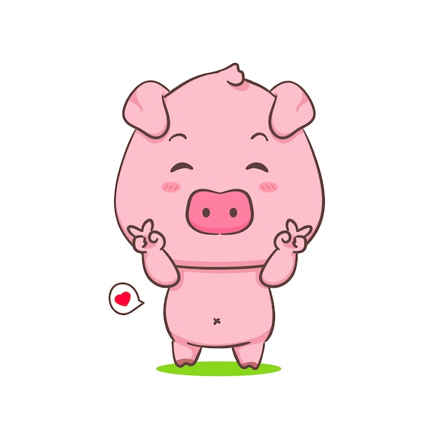 귀여운 돼지 만화 캐릭터 포즈 평화 손 사랑스러운 동물 컨셉 디자인