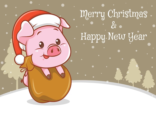 Cute pig cartoon character with merry christmas and happy new year greeting banner