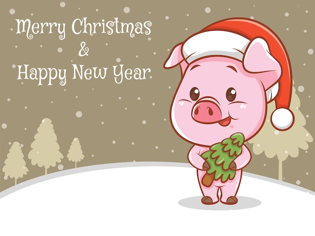 기쁜 성 탄과 새 해 복 많이 받으세요 인사말 배너와 함께 귀여운 돼지 만화 캐릭터