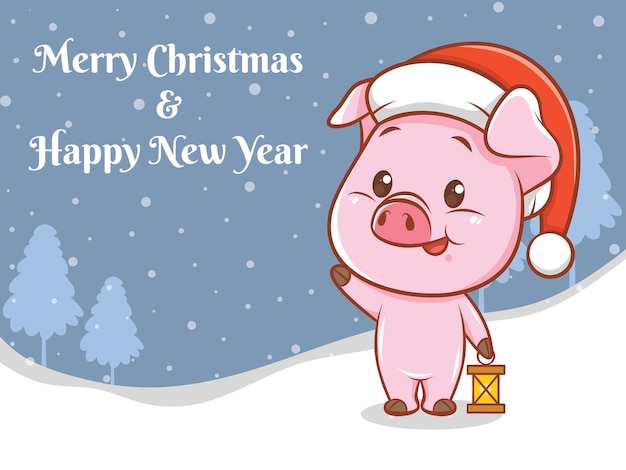 Vector cute pig cartoon character with merry christmas and happy new year greeting banner