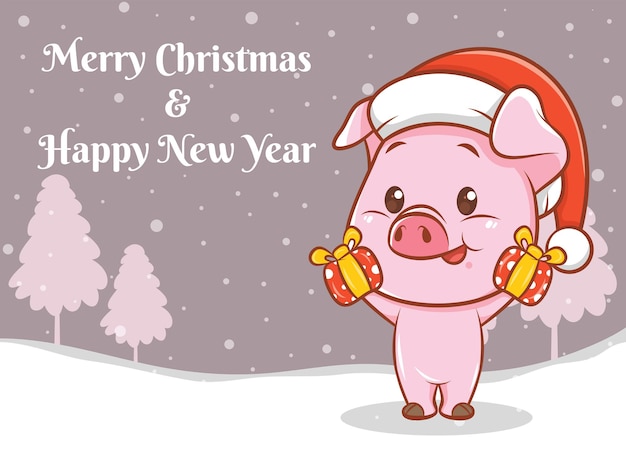 Cute pig cartoon character with merry Christmas and happy new year greeting banner