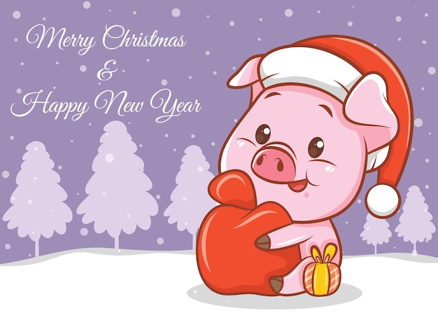 Simpatico personaggio dei cartoni animati di maiale con banner di auguri di buon natale e felice anno nuovo