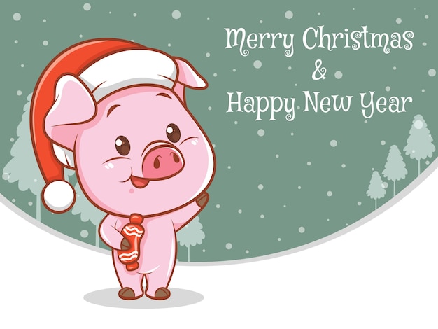 Cute pig cartoon character with merry christmas and happy new year greeting banner