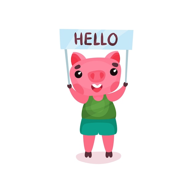 Cute pig character holding banner with Hello text overhead funny cartoon piggy animal vector Illustration on a white background