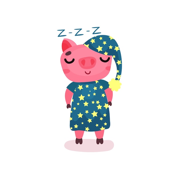 Carattere di maiale carino che indossa un pigiama blu e cappello in piedi e dorme animale piggy divertente cartone animato illustrazione su sfondo bianco