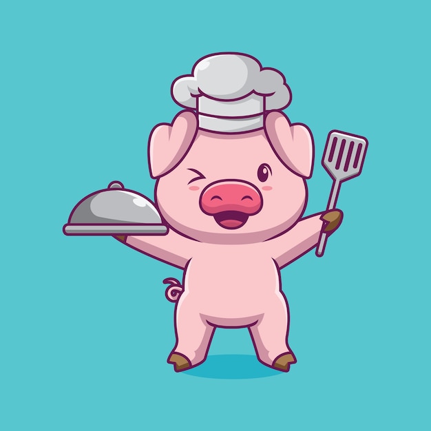 Vector cute pig chef cartoon illustration