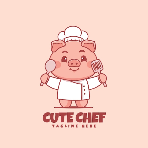 Cute pig chef cooking with spatula cartoon mascot logo