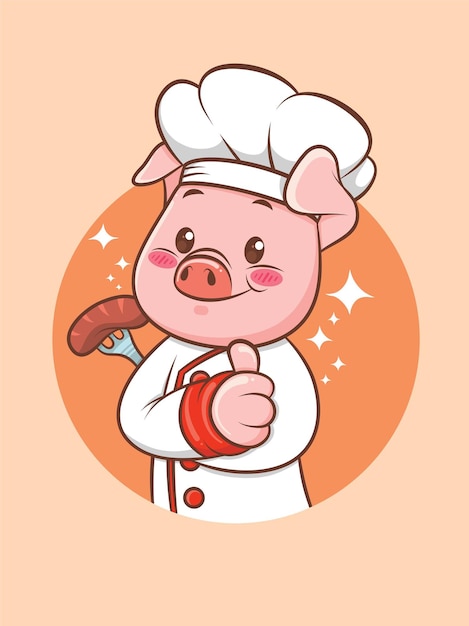 Vector cute pig chef holding a grill sausage. cartoon character and mascot illustration.