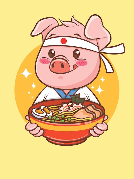 ラーメン日本料理を持っているかわいい豚のシェフ。漫画のキャラクターとマスコットのイラスト。