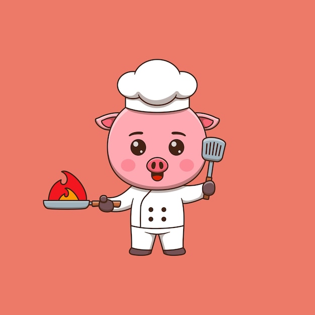 Cute pig chef holding spatula and Burning Frying Pan