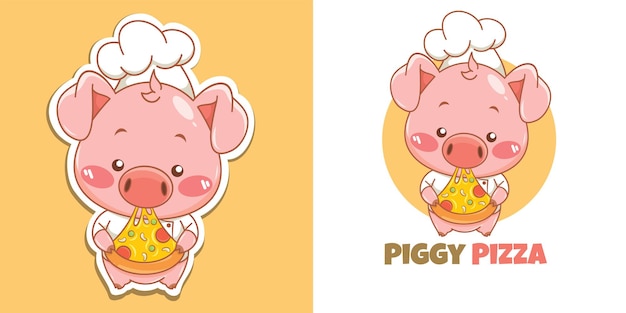 Cute pig chef mascot logo eating pizza slice