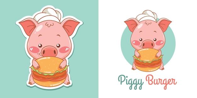 햄버거와 함께 귀여운 돼지 요리사 마스코트 로고