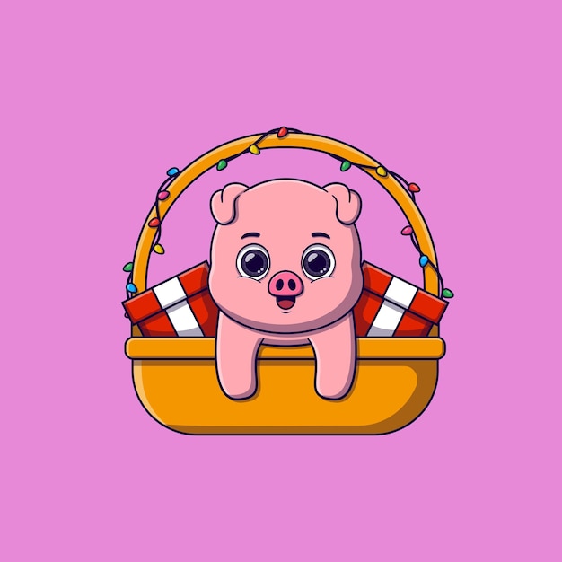 Cute pig in christmas basket