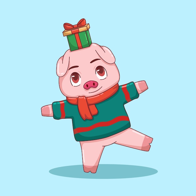 ベクトル 可愛い豚のクリスマスキャラクターが頭にプレゼントを背負っているイラスト