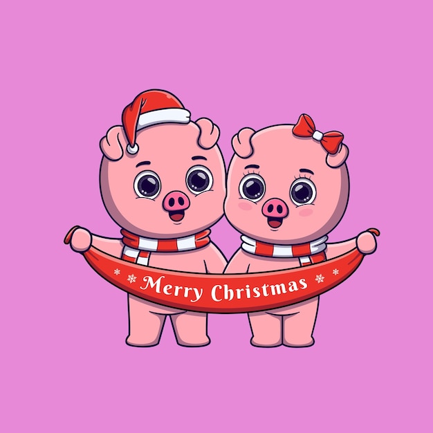 cute pig couple holding christmas greeting banner