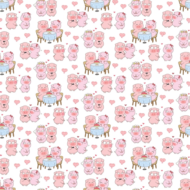 Cute pig couple in love seamless pattern