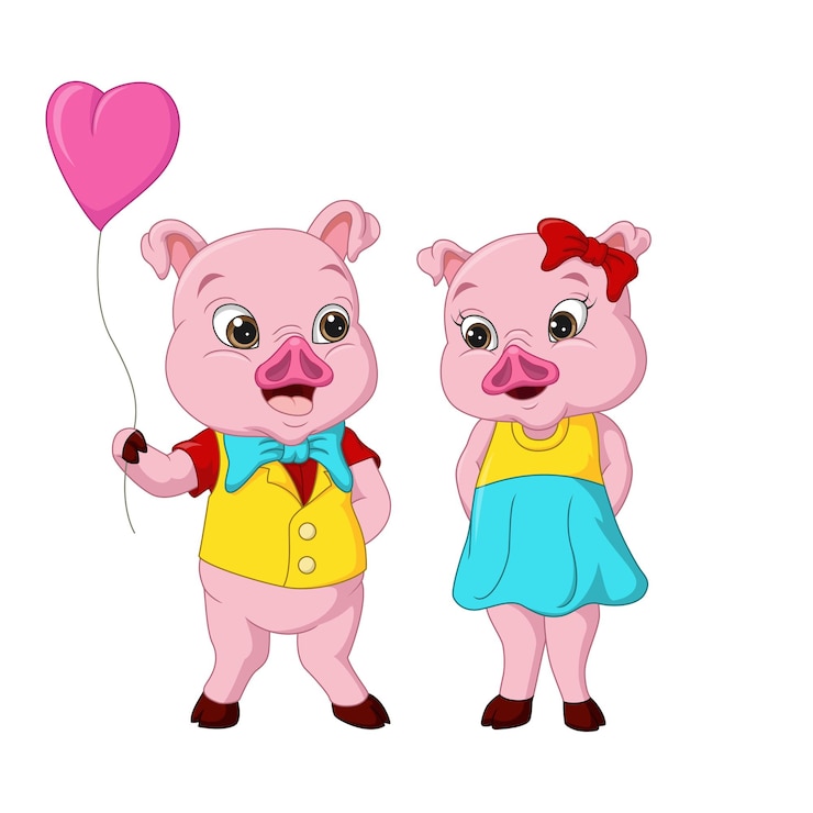 Vector cute pig couple with balloon heart