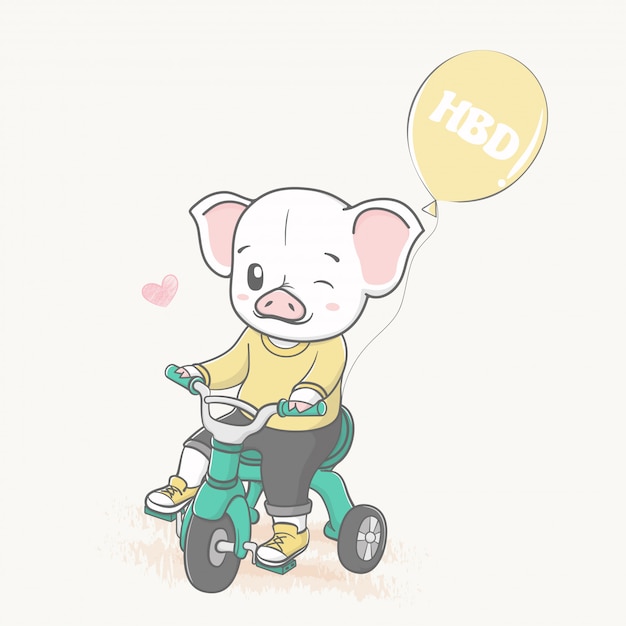 Cute pig drive a tricycle with balloons cartoon hand drawn