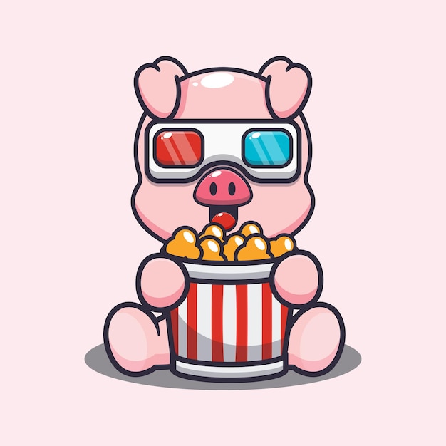 Vector cute pig eating popcorn and watch 3d movie