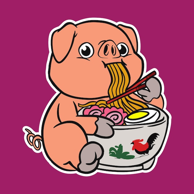 Cute pig eating ramen noodle cartoon illustration