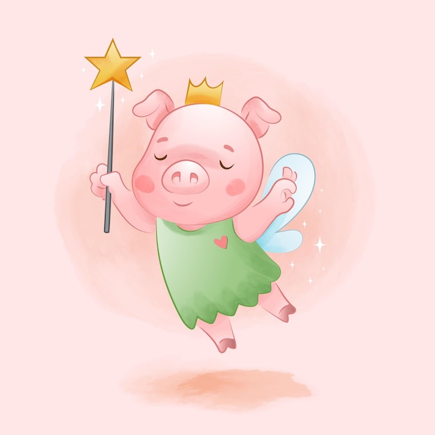 Cute pig fairy watercolor illustration