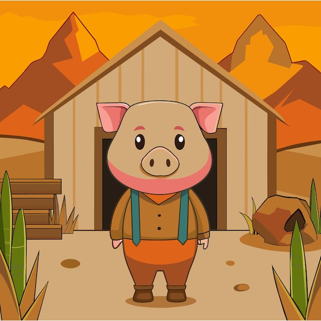 Vettore carino allevatore di maiali lavoratore disegnato a mano personaggio di cartone animato adesivo icona concetto illustrazione isolata