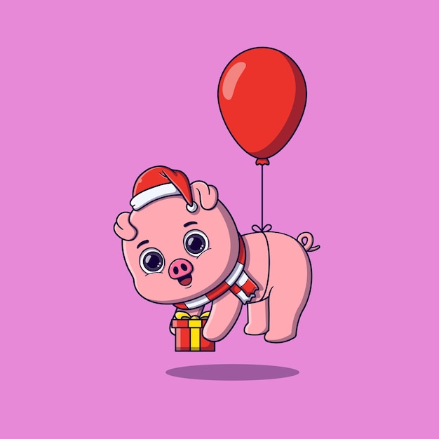 Cute pig floating with balloon carrying a gift box