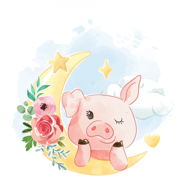 Vector cute pig on the flowered decorated moon illustration