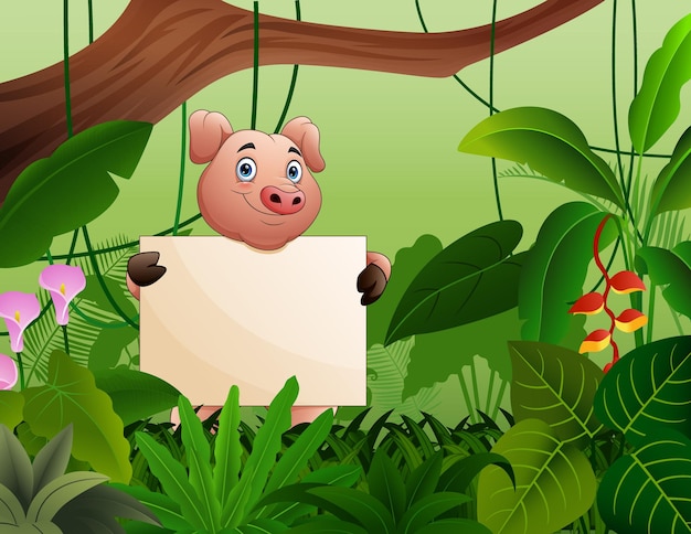 Симпатичная свинья с пустой табличкой в кустах