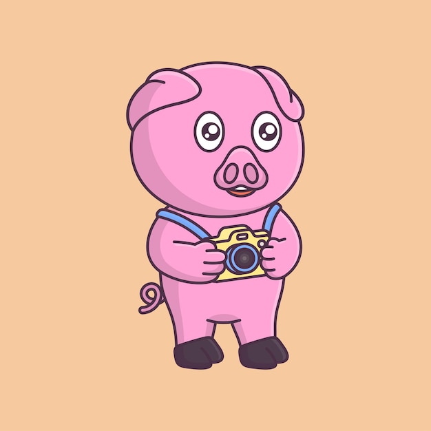 Cute pig holding camera. animal photographer vector cartoon animal illustration icon