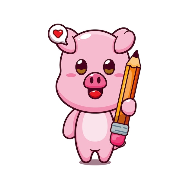 cute pig holding pencil cartoon vector illustration