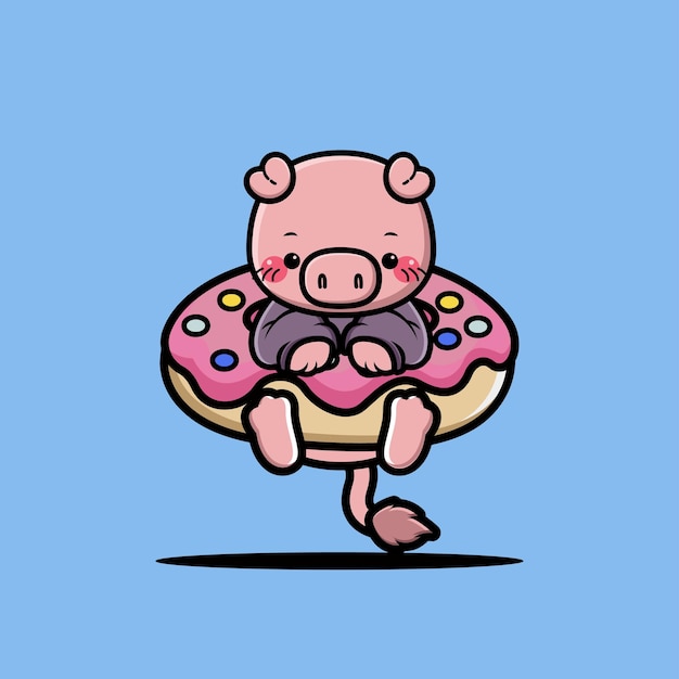 Cute pig hug big doughnut cartoon