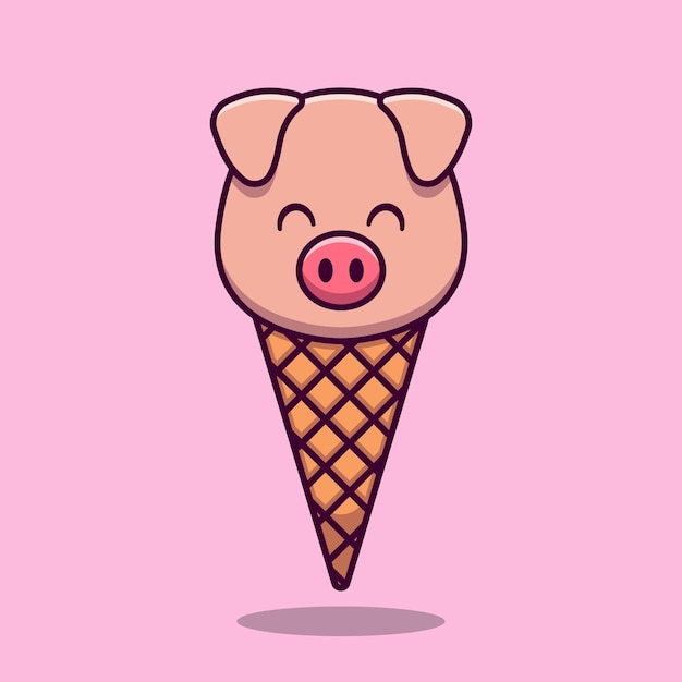 Cute pig ice cream cone cartoon vector icon illustration