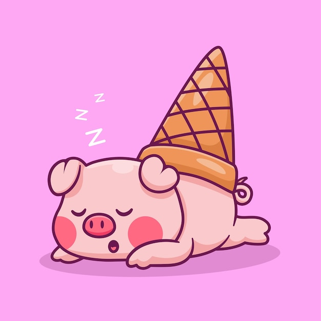 Cute Pig Ice Cream Sleeping Cartoon Vector Icon Illustration Animal Food Icon Concept Isolated Flat