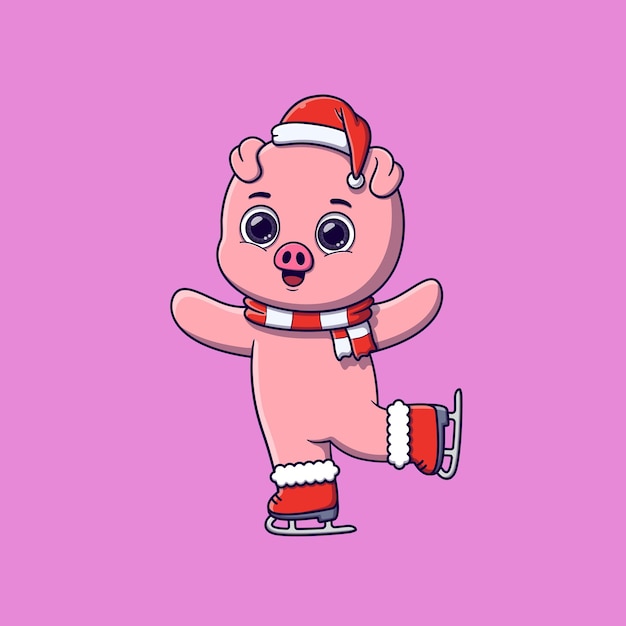 Vector cute pig on ice skates