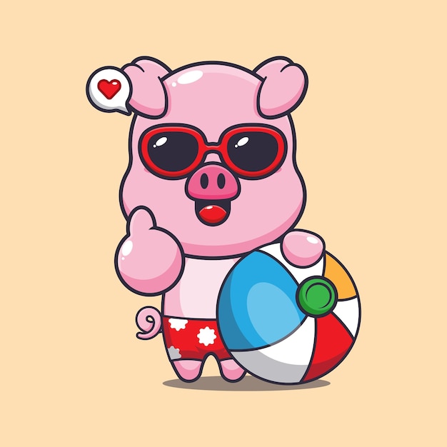 ベクトル ビーチボールとサングラスの可愛い豚のアニメイラスト 可愛い夏のアニメイラスト