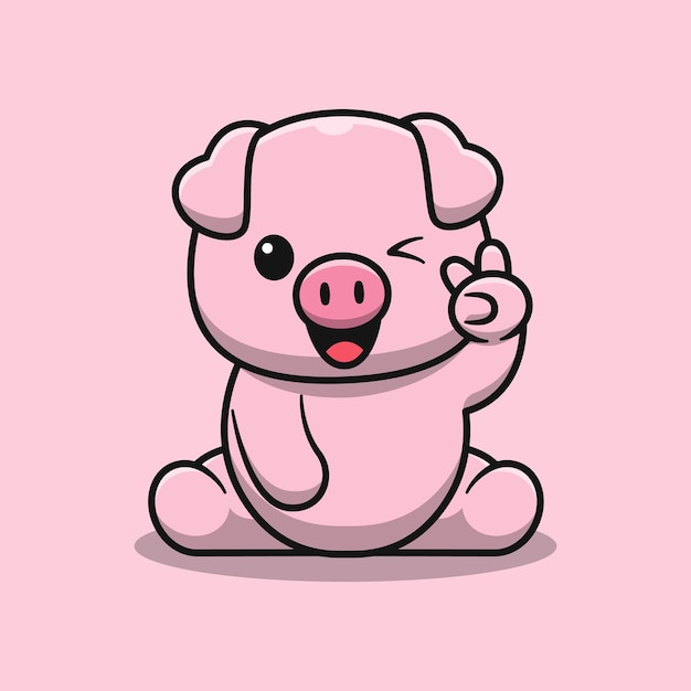 Cute pig is sitting with two finger cartoon illustration