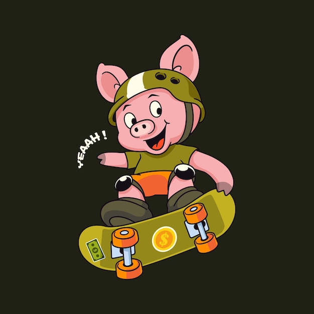 ベクトル かわいい豚ジャンプ スケート ボード漫画ベクトル デザインを再生