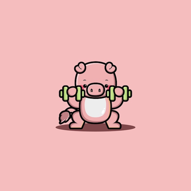 Vector cute pig lifting dumbbell cartoon
