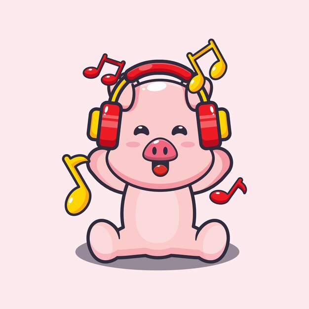 ヘッドフォンで音楽を聴くかわいい豚